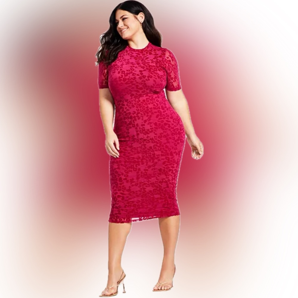 🆕Nina Parker 4X Sheer Red Leopard-Print Flocked-Velvet Midi Dress